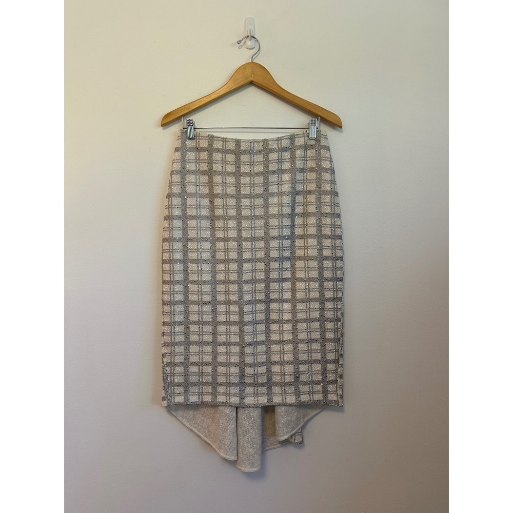 NWT Eva Mendes NY&C Silver Plaid Boucle High-Low Mermaid Pencil Skirt | Size 8